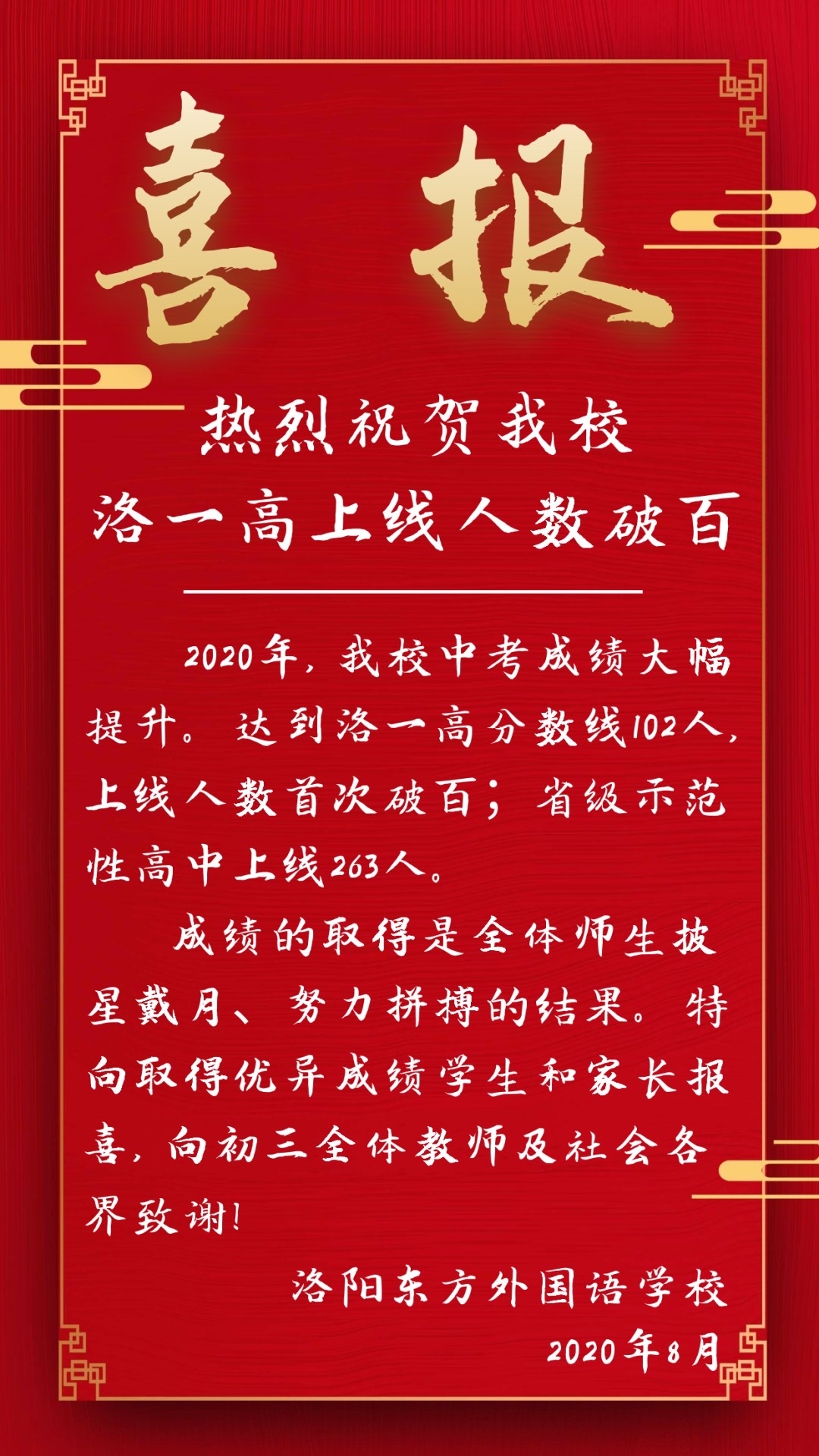 熱烈祝賀洛陽(yáng)東方外國(guó)語(yǔ)學(xué)校2020中考洛一高過(guò)線人數(shù)破百